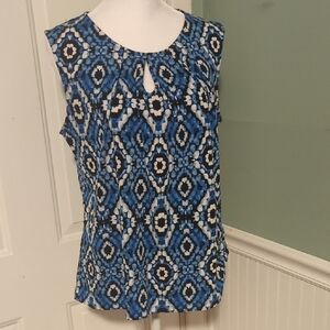 Kasper Geometric Blue Sleeveless Blouse PL Petite Large Peep Hole